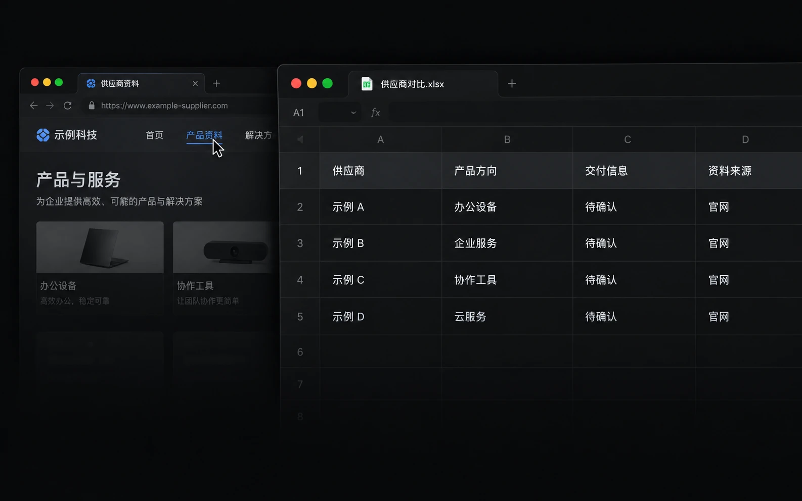 Kayak 浏览供应商资料与生成对比表的宽幅工作面示意